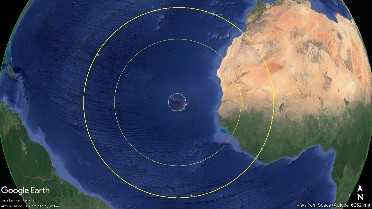The seismic circle at 1964 km radius