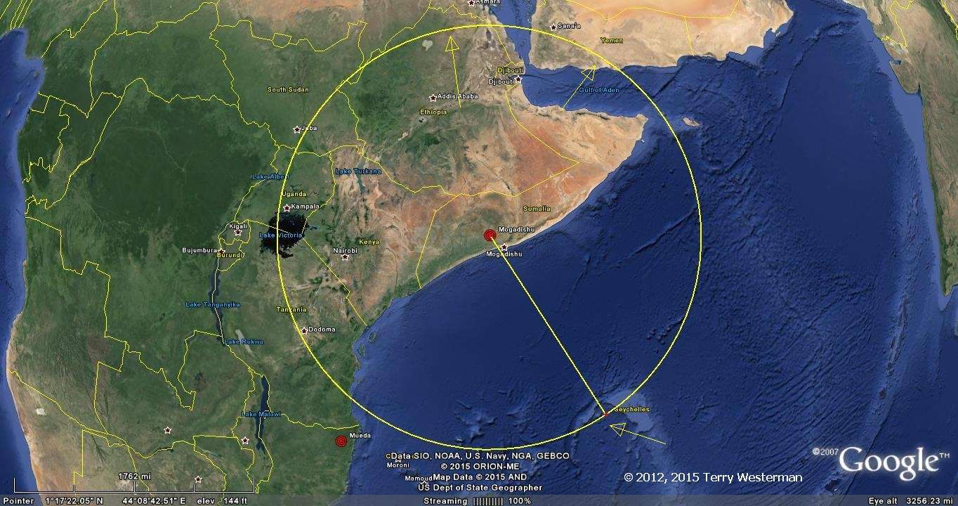The 1385 kilometer radius seismic circle from the Mogadishu Meteor Impact.