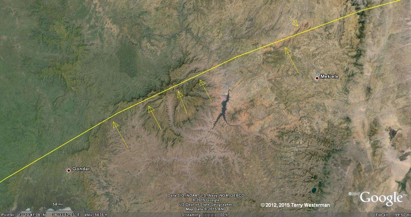 The northwestern section of the 1385 kilometer radius seismic circle from the Mogadishu Meteor Impact.