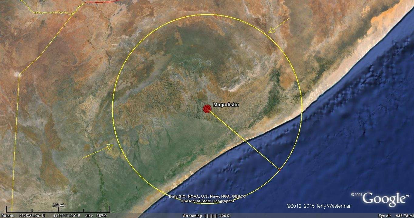 The 185 kilometer radius seismic circle from the Mogadishu Meteor Impact.