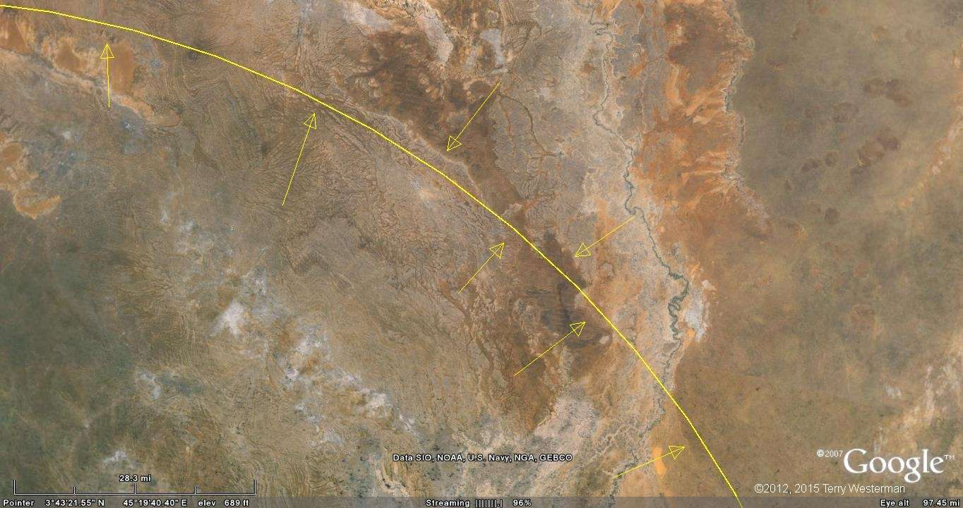 The northeastern section of the 185 kilometer radius seismic circle from the Mogadishu Meteor Impact.