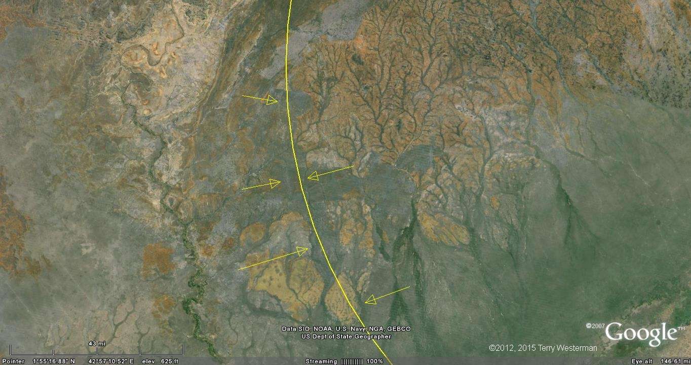 The southwestern section of the 185 kilometer radius seismic circle from the Mogadishu Meteor Impact.