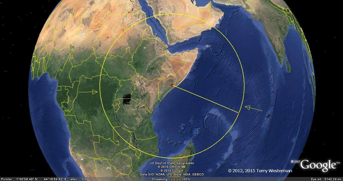 The 2135 kilometer radius seismic circle from the Mogadishu Meteor Impact.