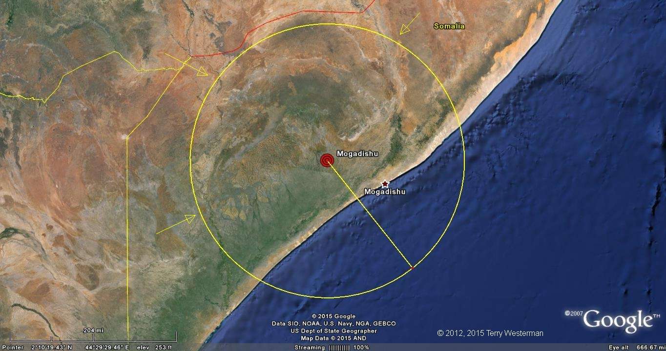 The 255 kilometer radius seismic circle from the Mogadishu Meteor Impact.