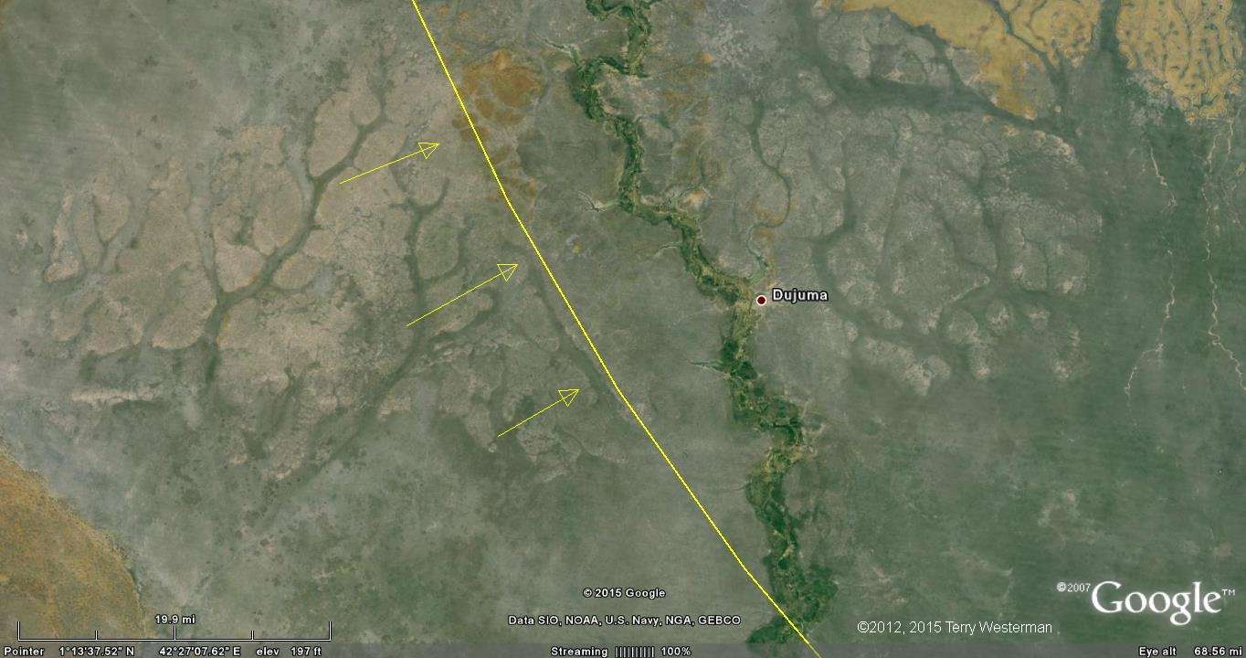 The southwestern section of the 255 kilometer radius seismic circle from the Mogadishu Meteor Impact.