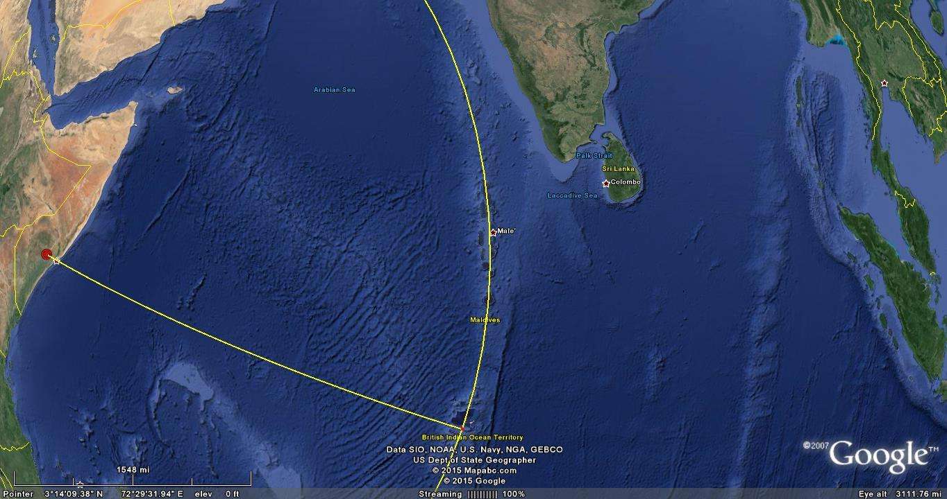 The Maldives formation. The eastern section of the 3220 kilometer radius seismic circle from the Mogadishu Meteor Impact.