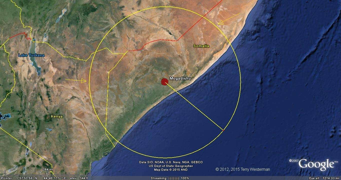 The 505 kilometer radius seismic circle from the Mogadishu Meteor Impact.
