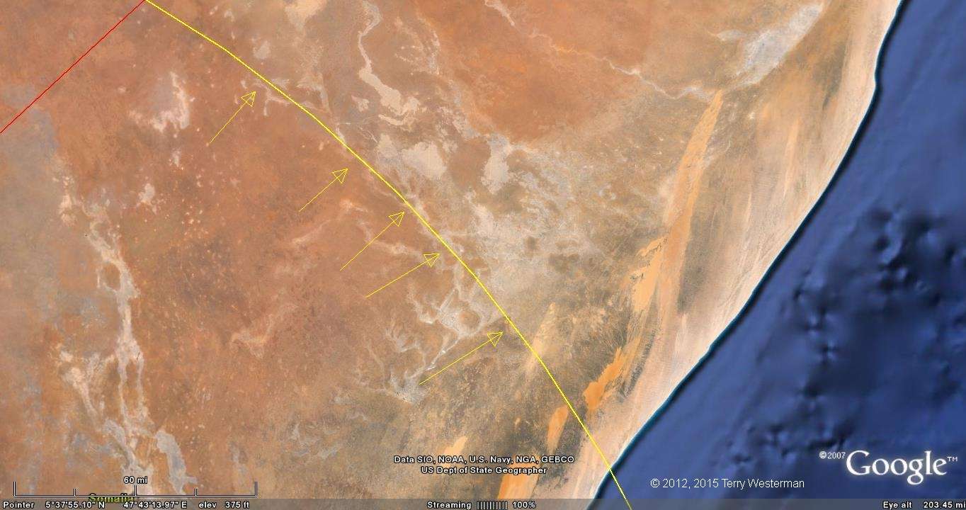 The northeastern section of the 505 kilometer radius seismic circle from the Mogadishu Meteor Impact.
