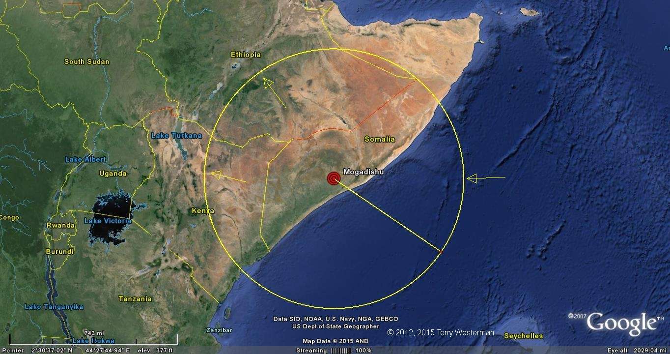 The 740 kilometer radius seismic circle from the Mogadishu Meteor Impact.