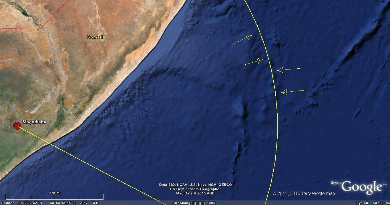 The eastern section of the 740 kilometer radius seismic circle from the Mogadishu Meteor Impact.