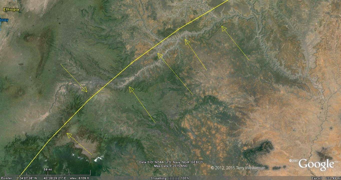 The northwestern section of the 740 kilometer radius seismic circle from the Mogadishu Meteor Impact.