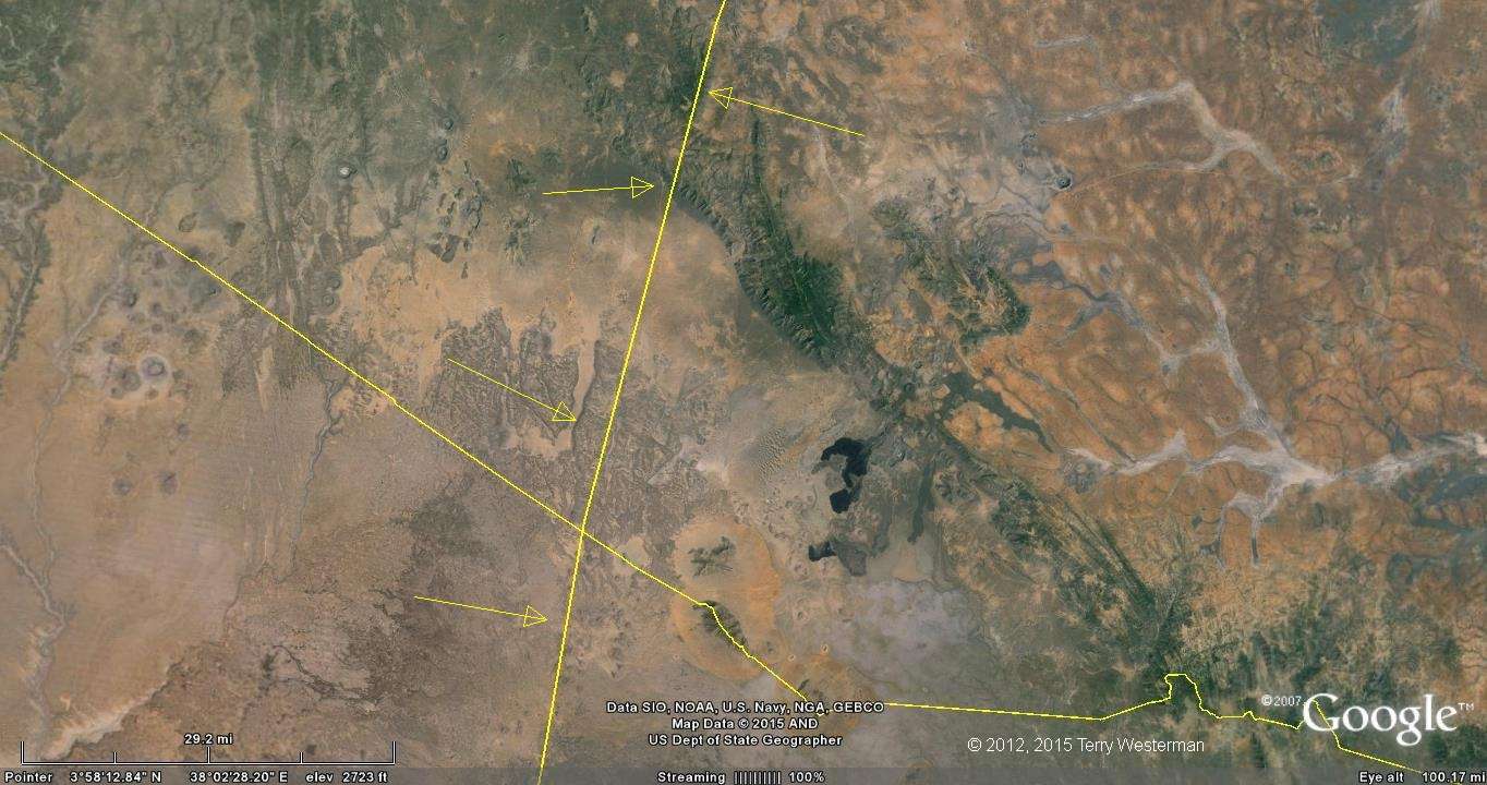 The western section of the 740 kilometer radius seismic circle from the Mogadishu Meteor Impact.