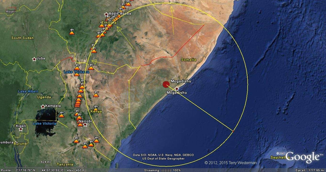 The 845 kilometer radius seismic circle from the Mogadishu Meteor Impact formed a part of the Great Rift Valley.