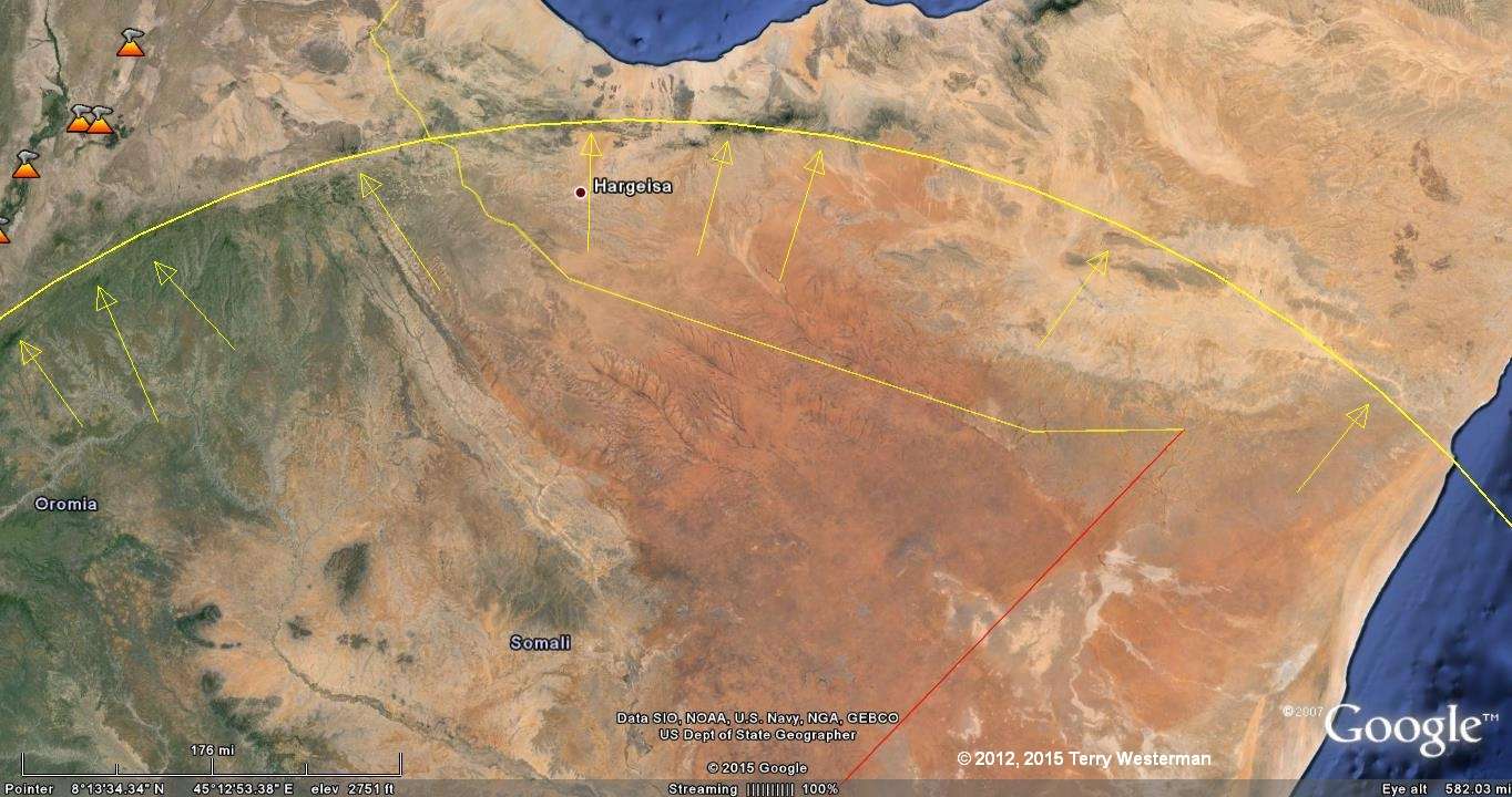 The northeastern section of the 845 kilometer radius seismic circle from the Mogadishu Meteor Impact.