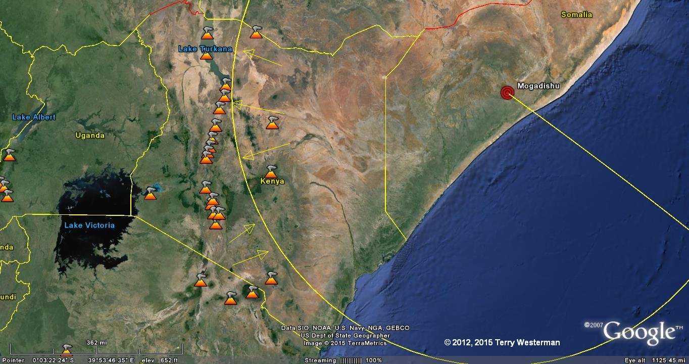 The southeastern section of the 845 kilometer radius seismic circle from the Mogadishu Meteor Impact.