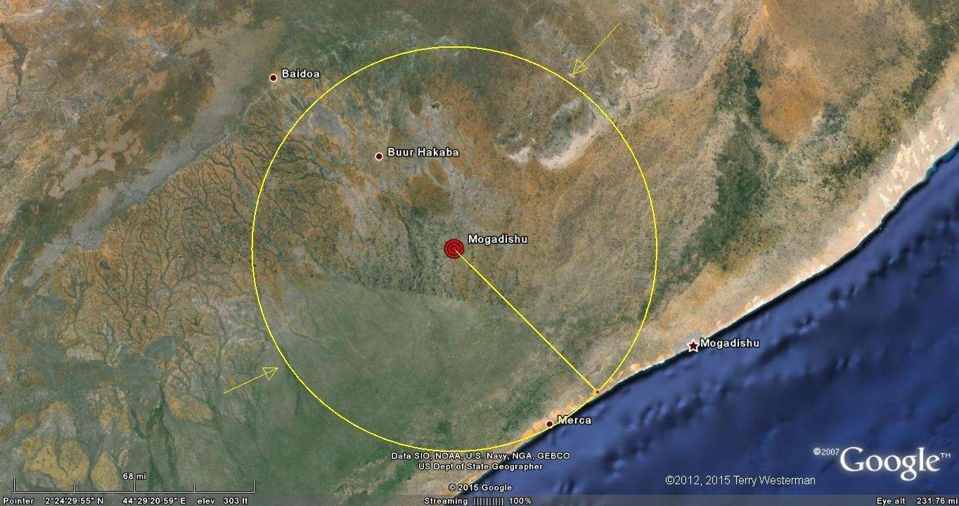 The 90 kilometer radius seismic circle from the Mogadishu Meteor Impact.