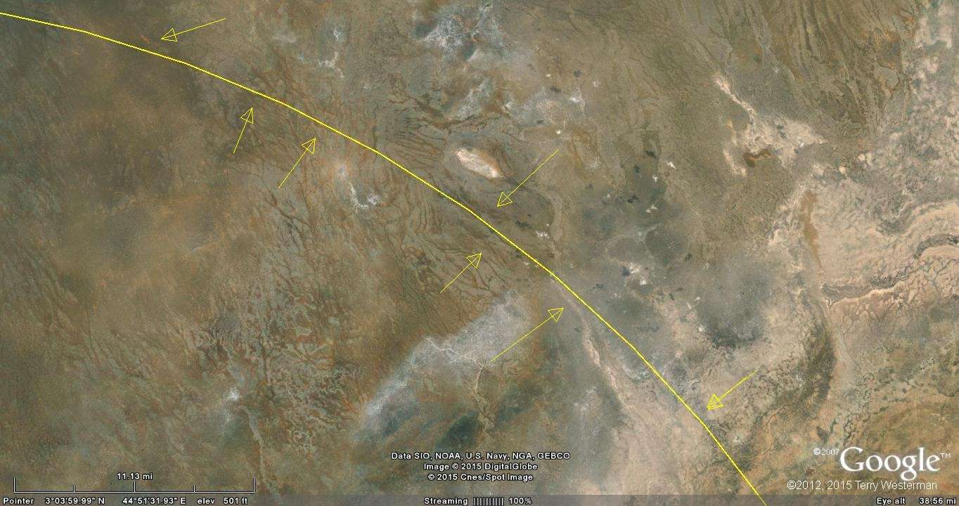 The northeastern section of the 90 kilometer radius seismic circle from the Mogadishu Meteor Impact.