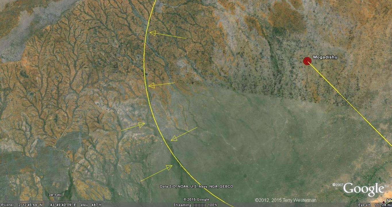 The southwestern section of the 90 kilometer radius seismic circle from the Mogadishu Meteor Impact.