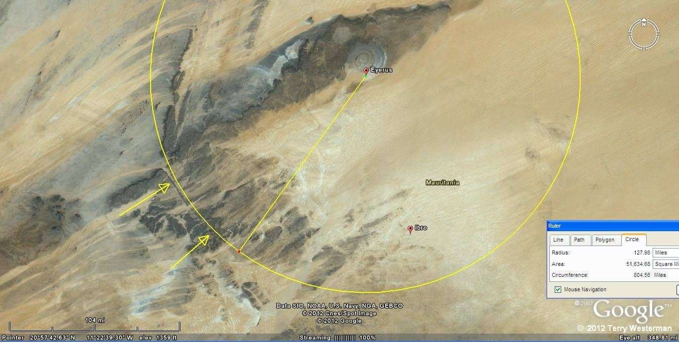 Eye of the Sahara 130 mile radius seismic circle