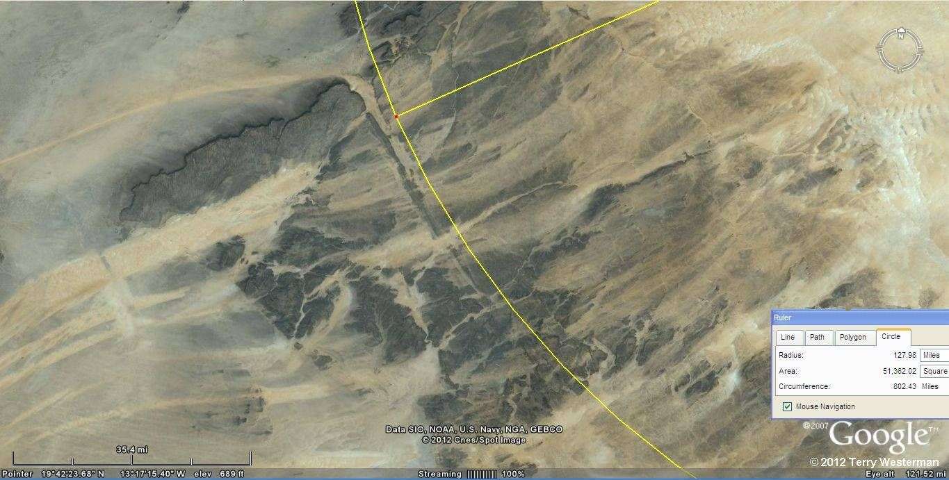 Eye of the Sahara 130 mile radius seismic circle to the Southwest