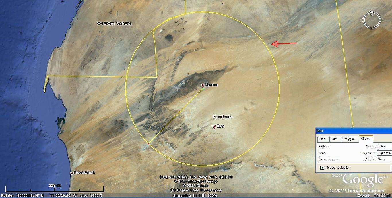 Eye of the Sahara 175 mile radius seismic circle