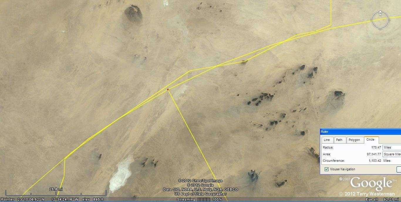 The Eye of the Sahara, 175 mile radius seismic circle to the Northeast