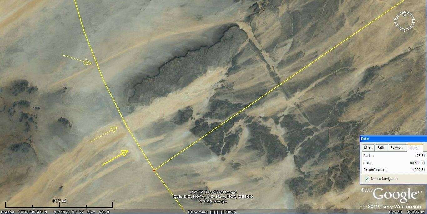 The Eye of the Sahara seismi circle at 175 miles to the Southwest