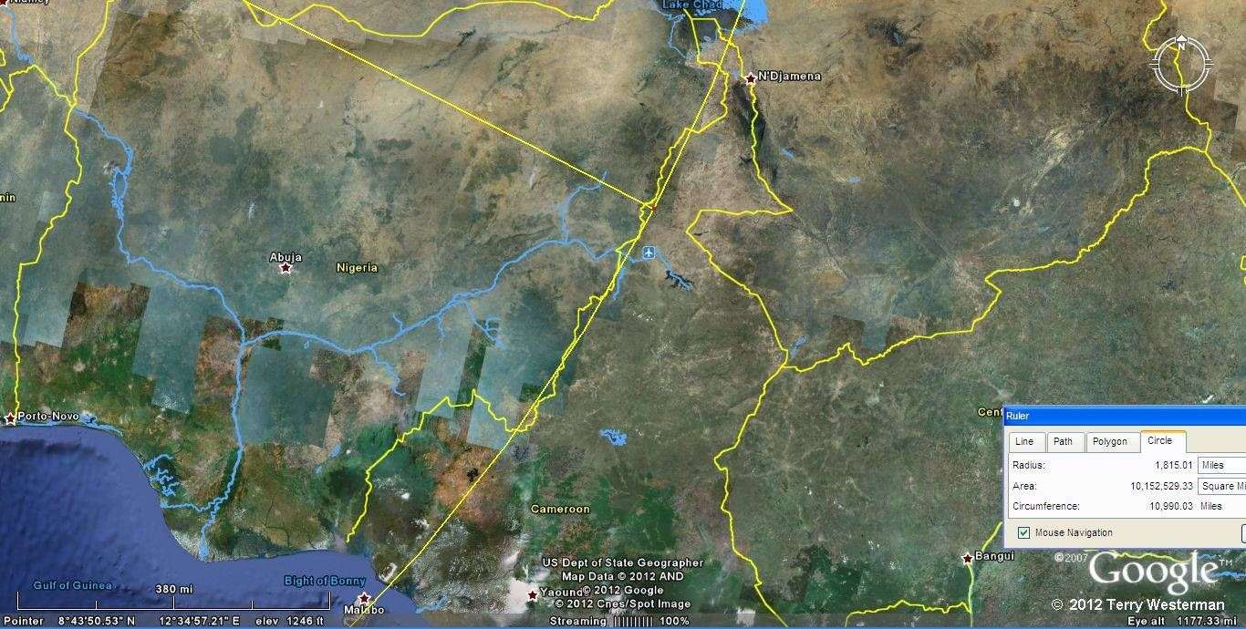 The Nigeria Cameroon border at the Eye of the Sahara,1815 mile radius seismic circle.