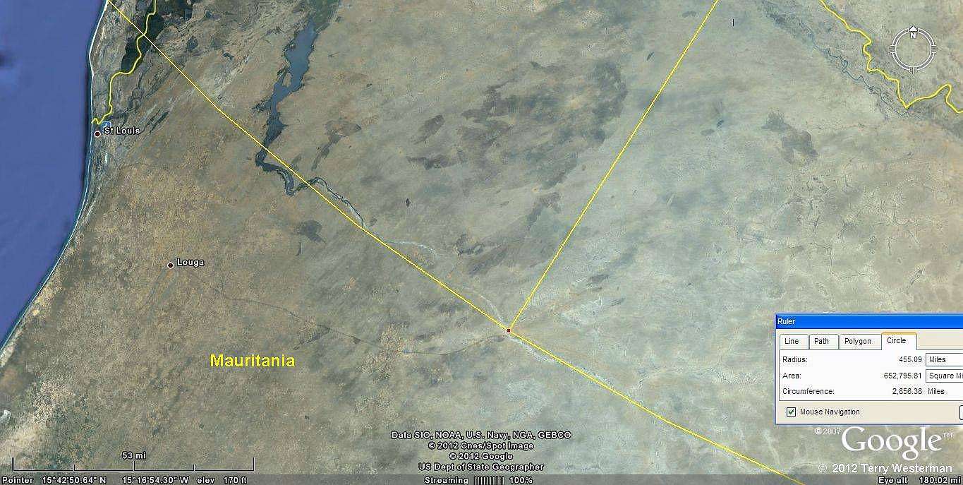 The Eye of the Sahara, Rounoum River at 455 miles radius.