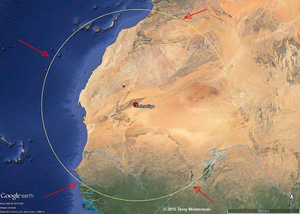 The Sahara Eye, 615 mile radius seismic circle