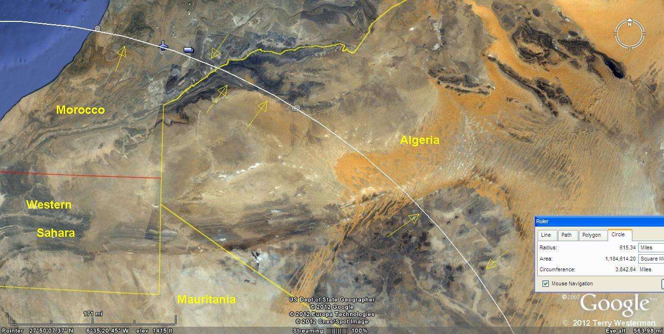 The northeastern section of the 615 miles radius sismic circle for the Sahara Eye Meteor Impact.