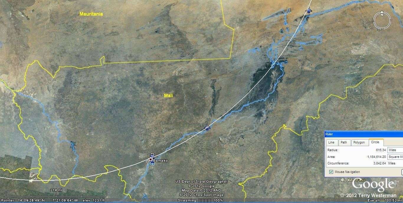 The Eye of the Sahara and the Niger River at 615 miles radius