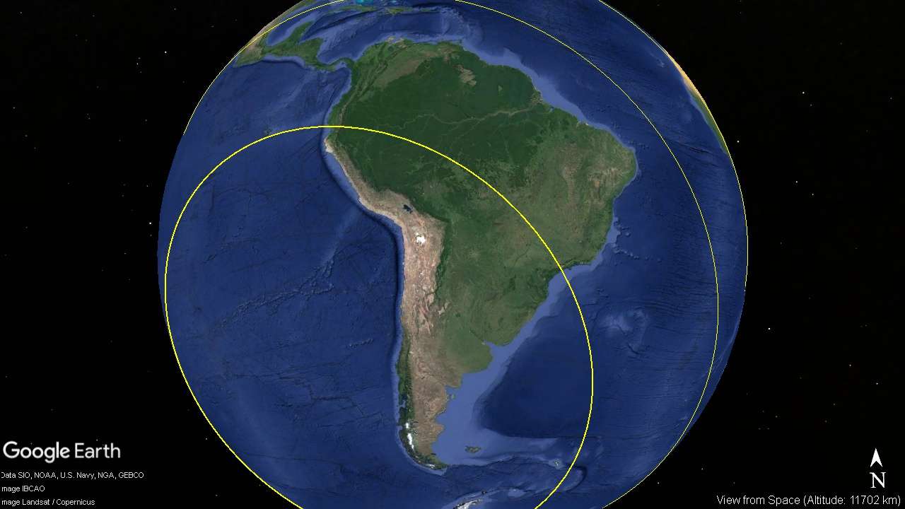 meteor impact, seismic waves, Himalaya mountains, circle at 15597 km radius.