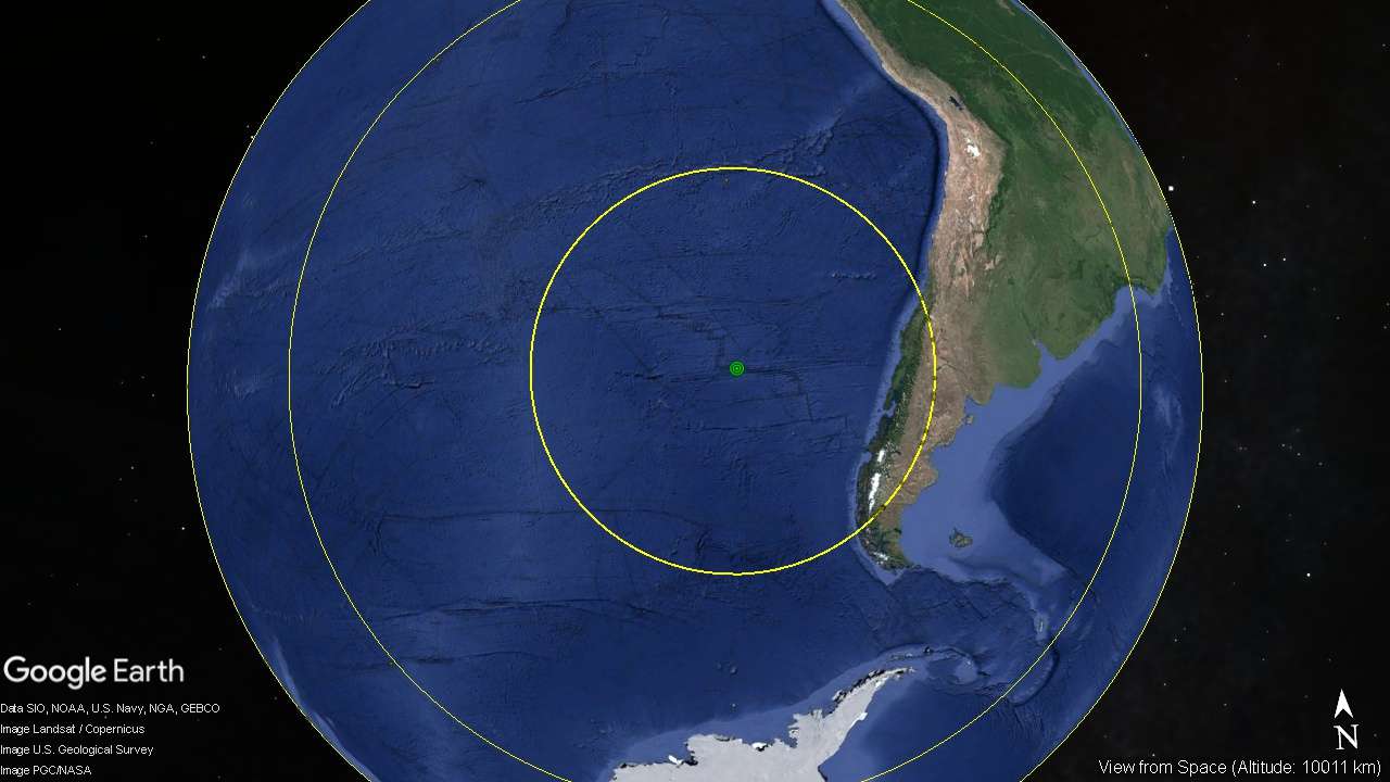 meteor impact, seismic waves, Himalaya mountains, circle at 18260 km radius.
