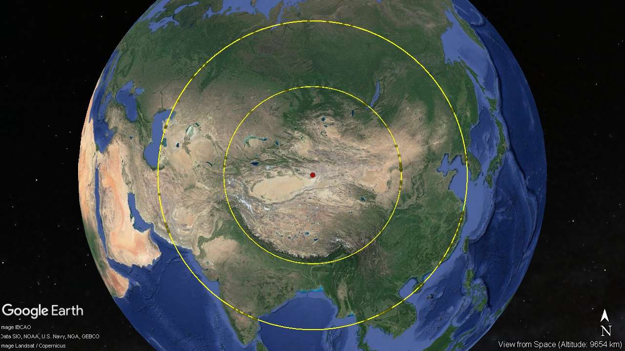 meteor impact, seismic waves, Himalaya mountains, circle at 3080 km radius.