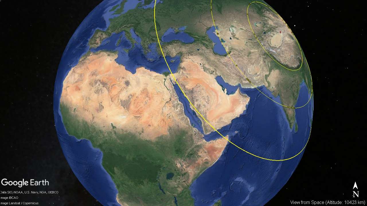 meteor impact, seismic waves, Himalaya mountains, circle at 5135 km radius.