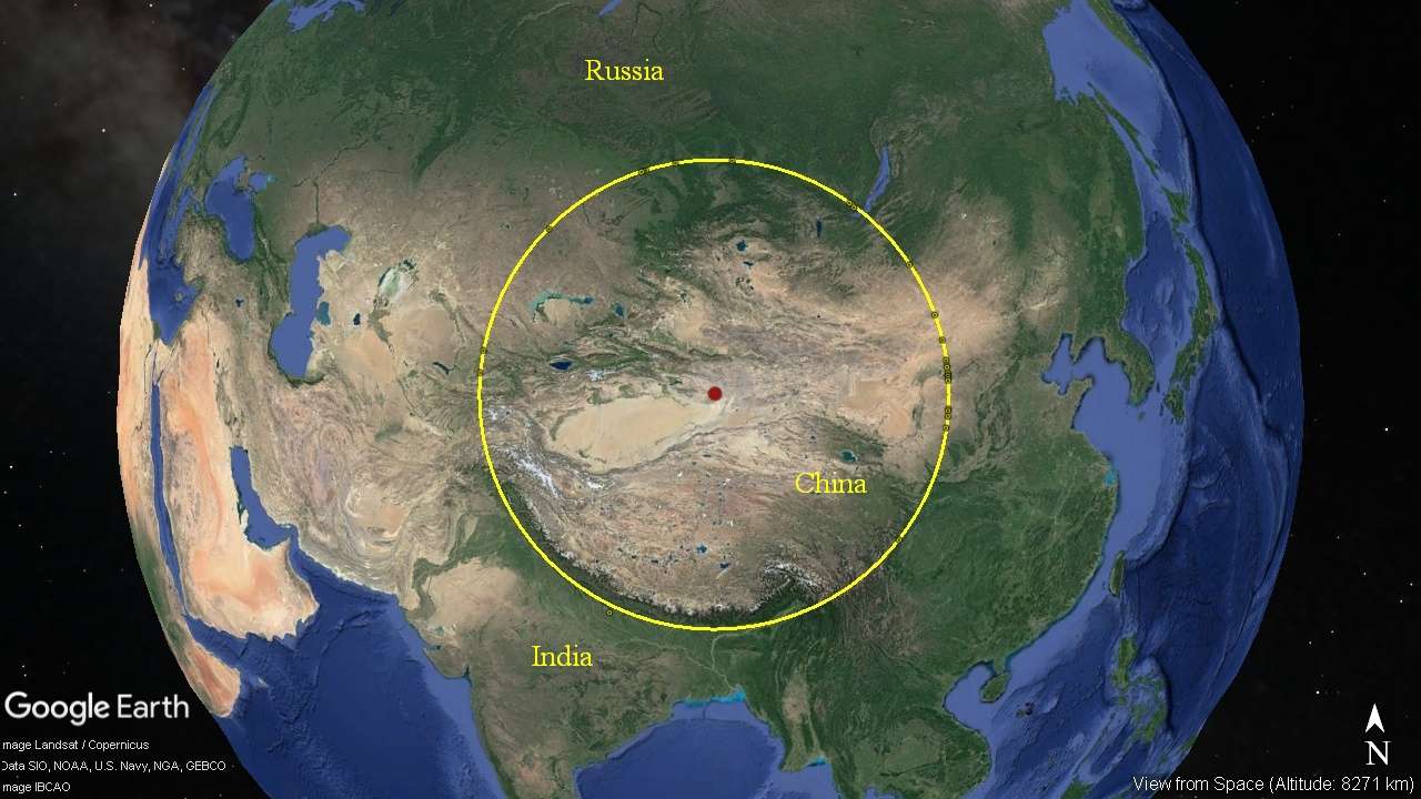 meteor impact, seismic waves, Himalaya mountains, circle at 1635 km radius.