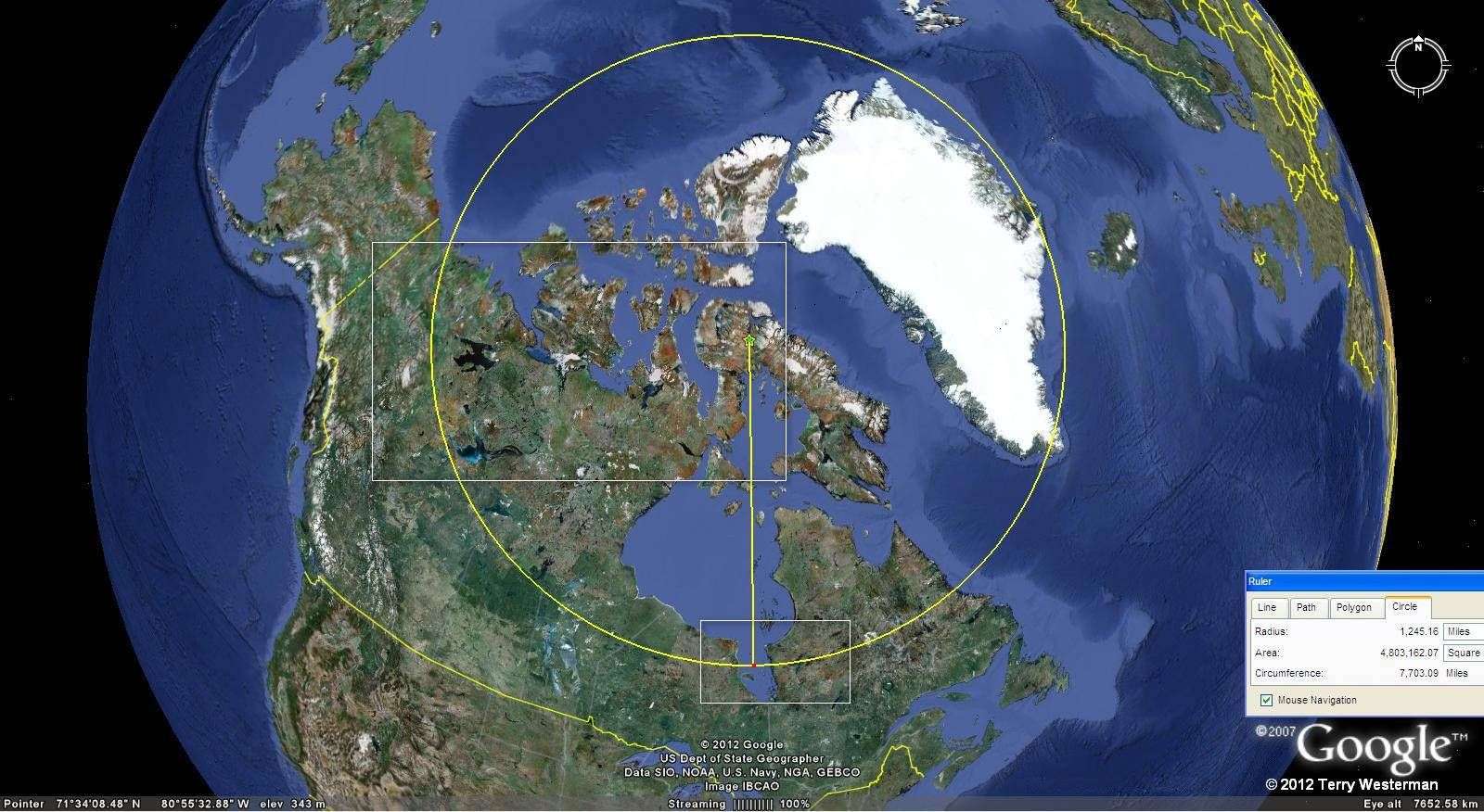 The Baffin Island impact seismic circle at 1245 miles radius.