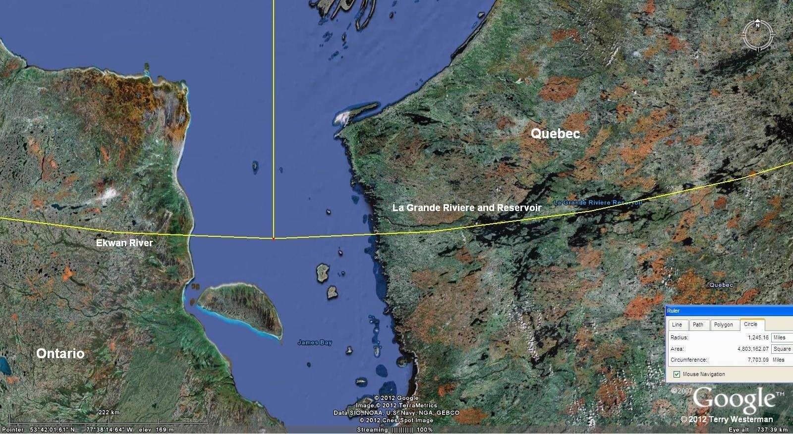La Grande Riviere and Reservoir, Quebec, Canada formed by the southern part of the Baffin Island 1245 mile radius seismic circle