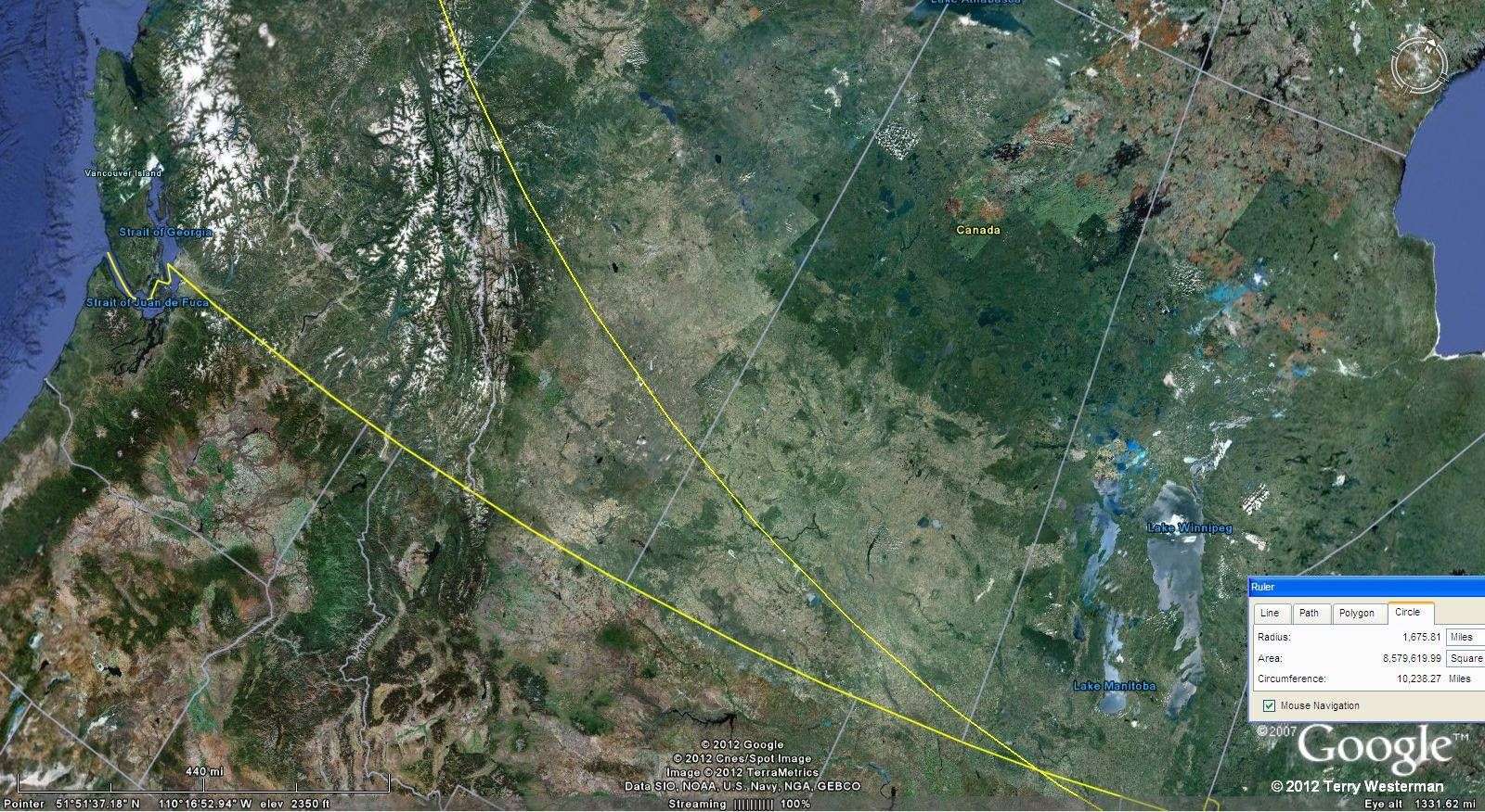 The southwestern section of The Baffin Island Impact 1675 mile radius seismic circle.