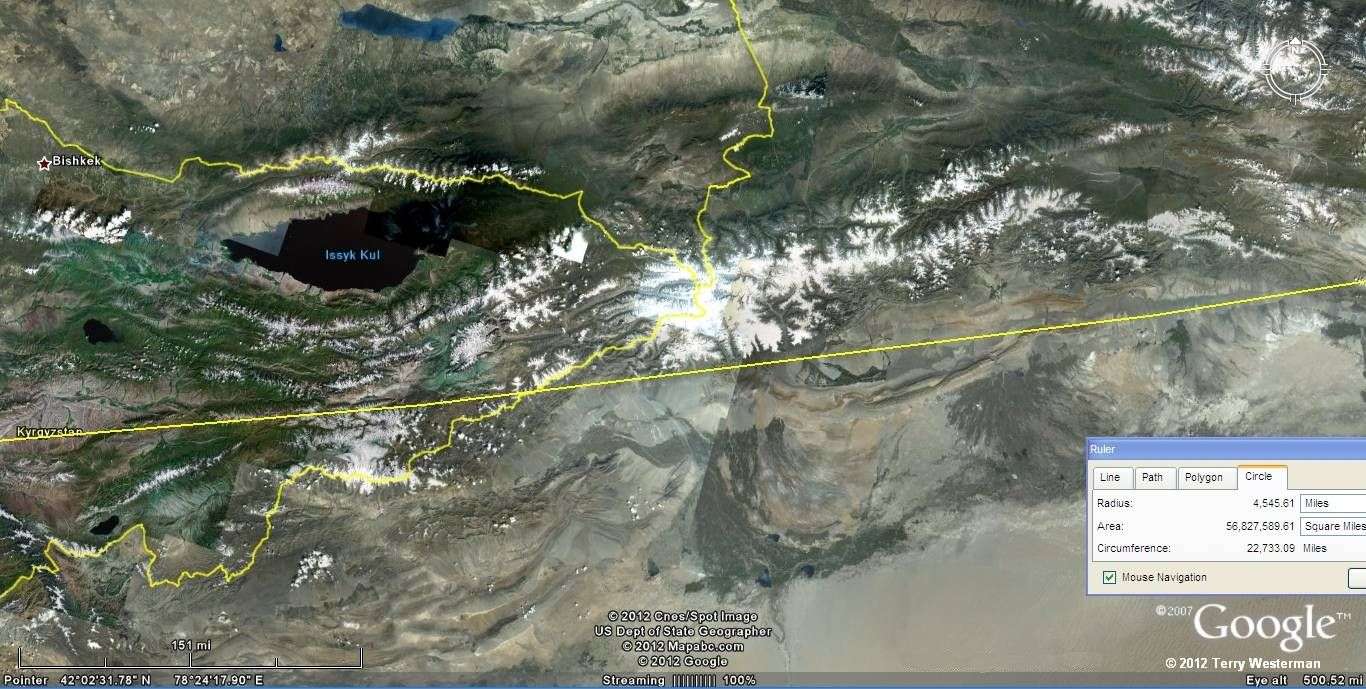 The Baffin Island 4545 mile radius seismic circle through Central Asia.