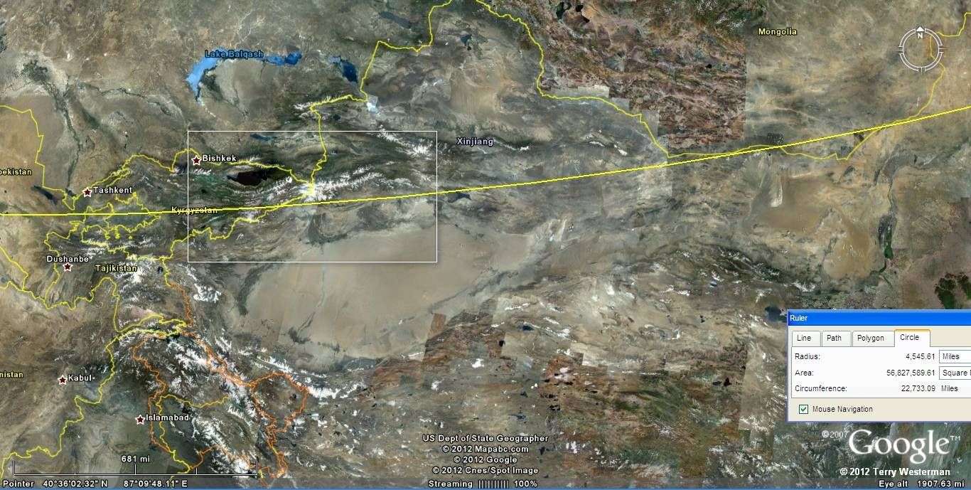 The Baffin Island 4545 mile radius seismic circle through Central Asia.