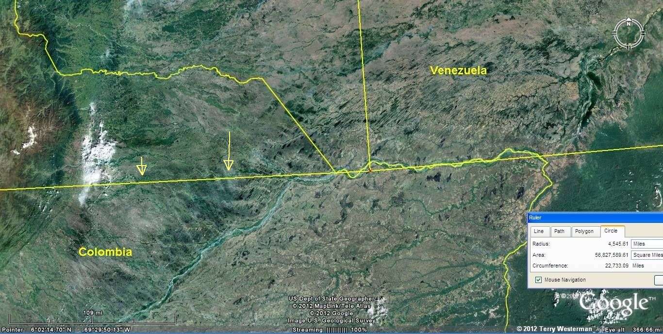 The Baffin Island Impact 4545 mile radius seismic circle and El Rio Negro, the border between Venezuala and Columbia.