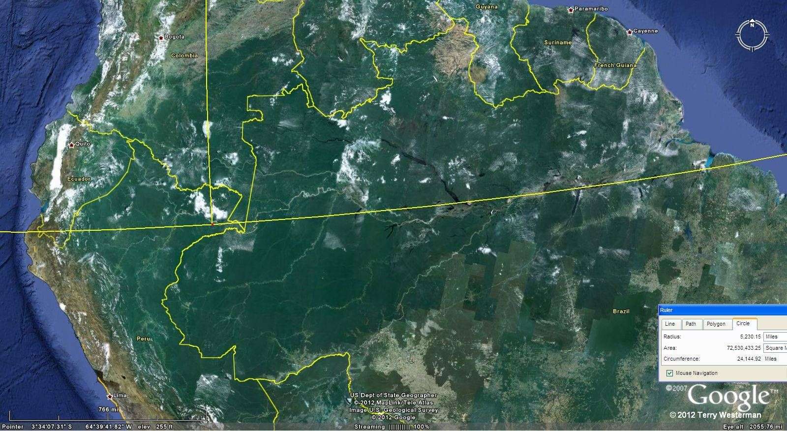 The Amazon River and the  Baffin Island Impact 5230 mile radius seismic circle.