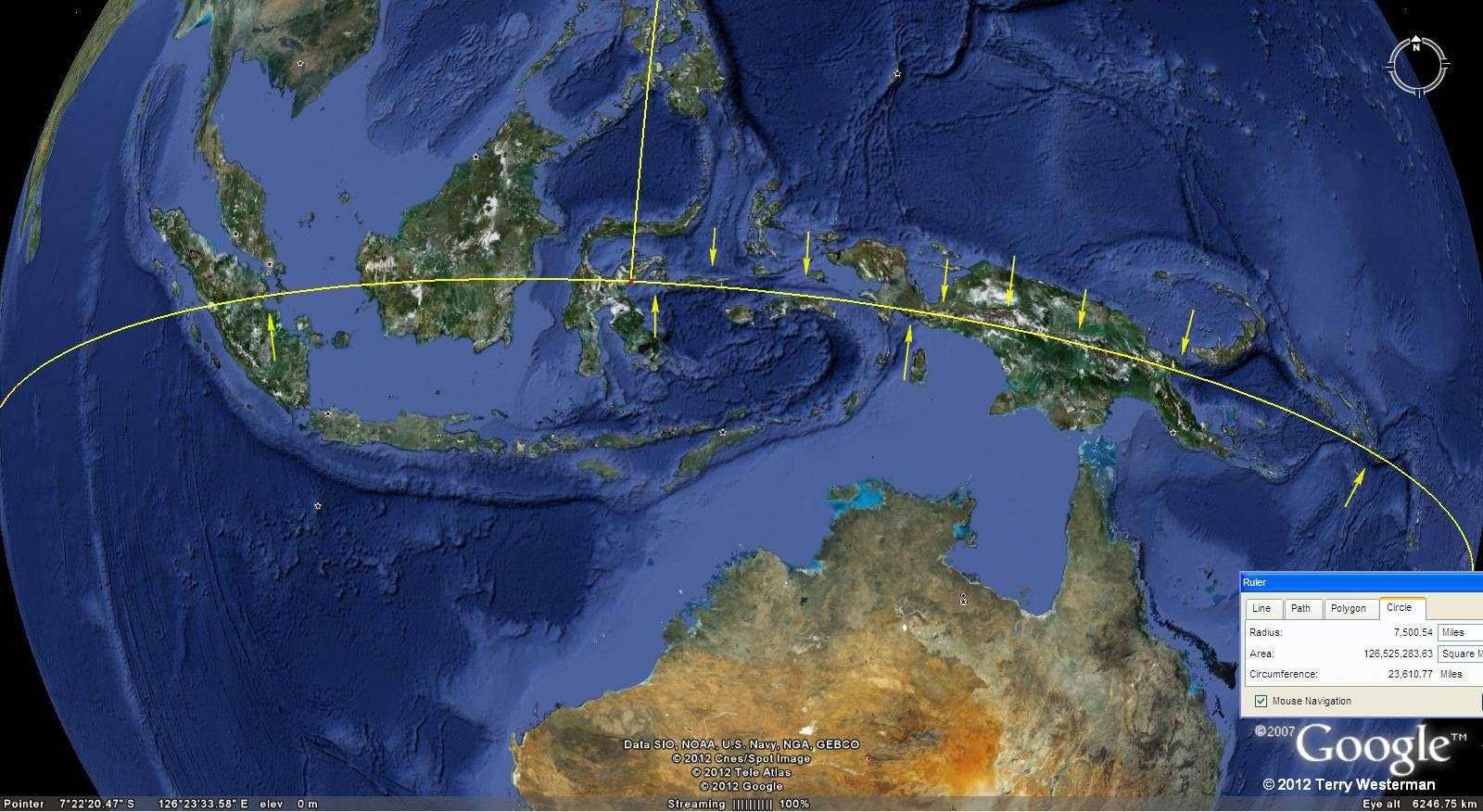 The Baffin Island Impact 7500 mile radius seismic ircle through Indonesia.