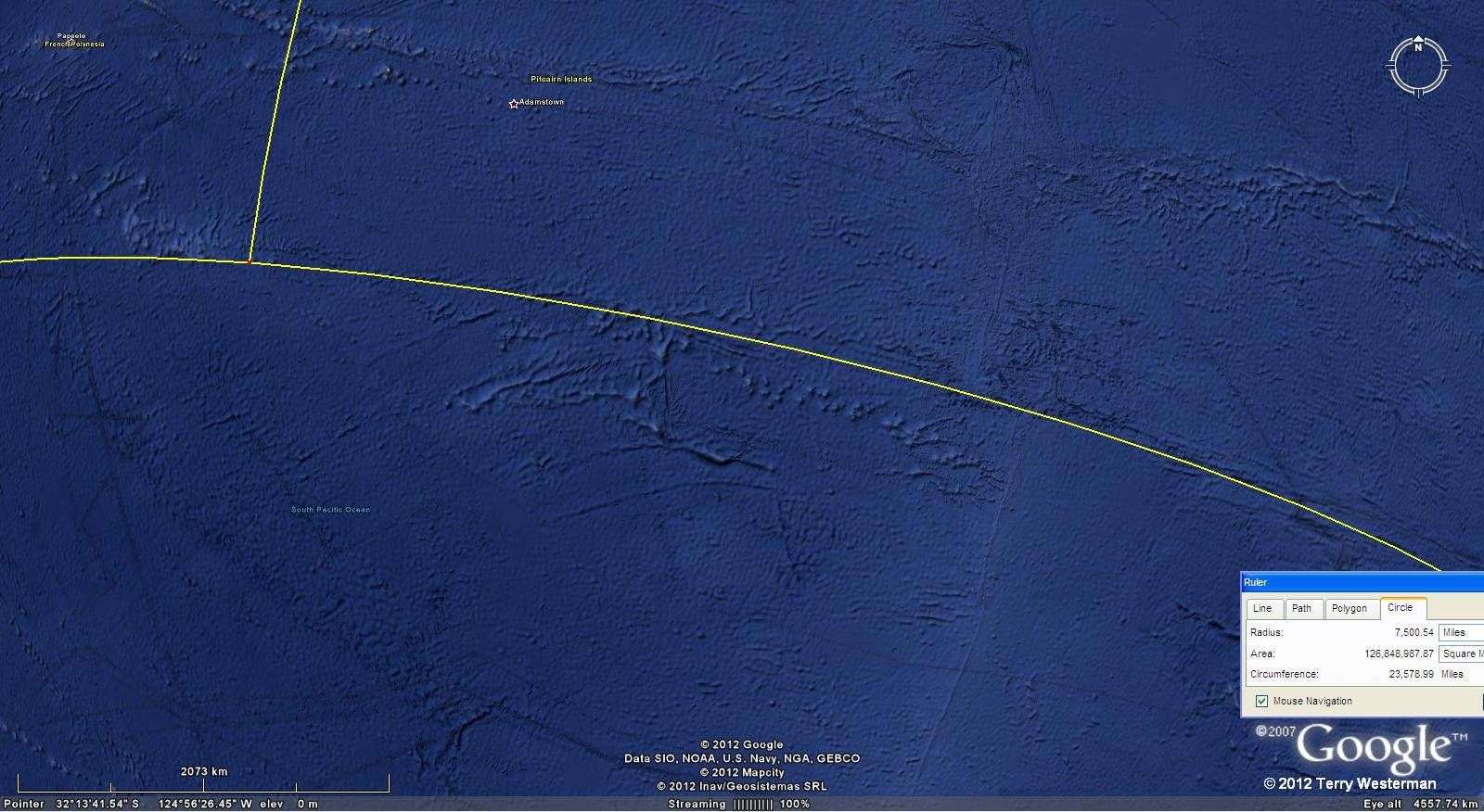 The Baffin Island Impact 7500 mile radius seismic circle.