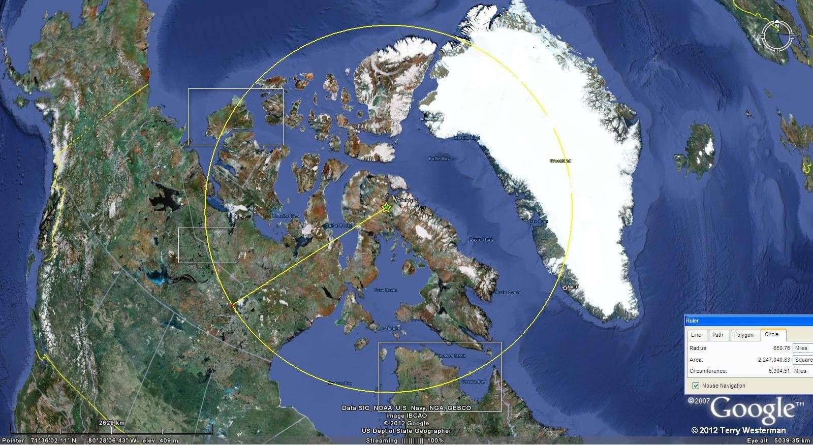 The Baffin Island 850 mile radius seismic circle