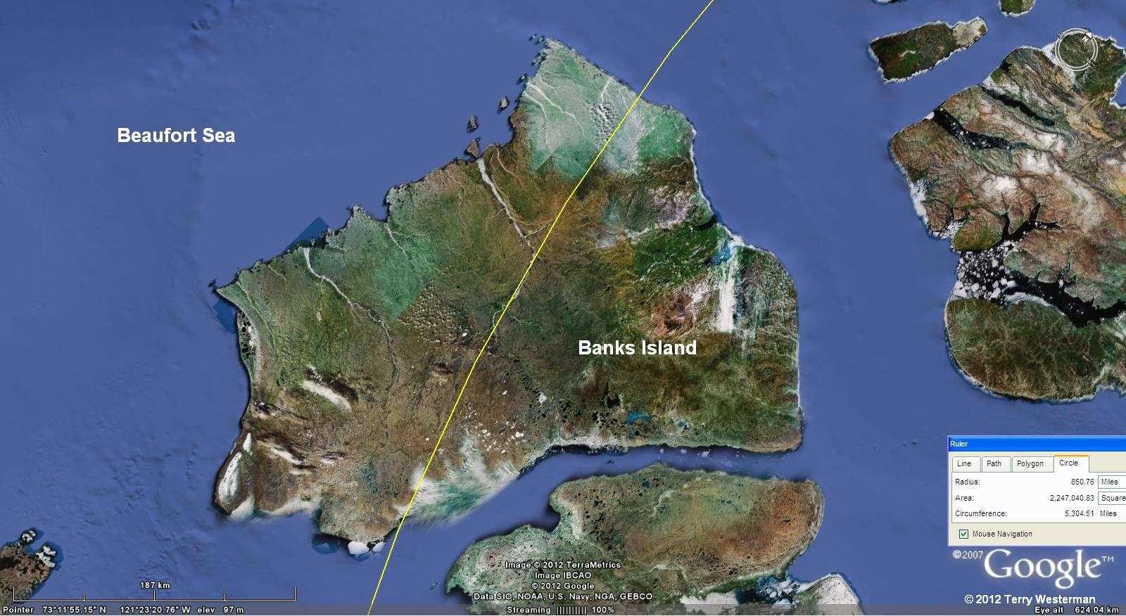 The Baffin Island 850 mile radius seismic circle crosses Banks Island.