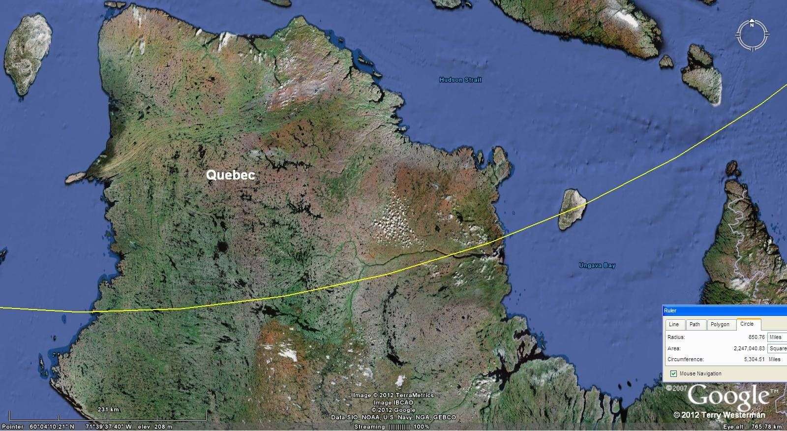 The Baffin Island 850 mile radius seismic circle and the  Arnaud River valley in Quebec.