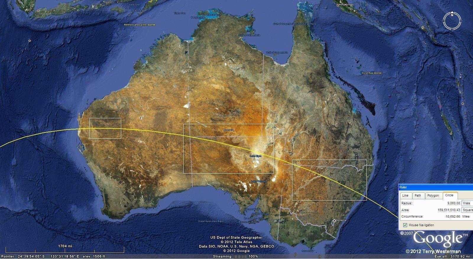 Australia and the Baffin Island Impact 9060 mile radius seismic circle.